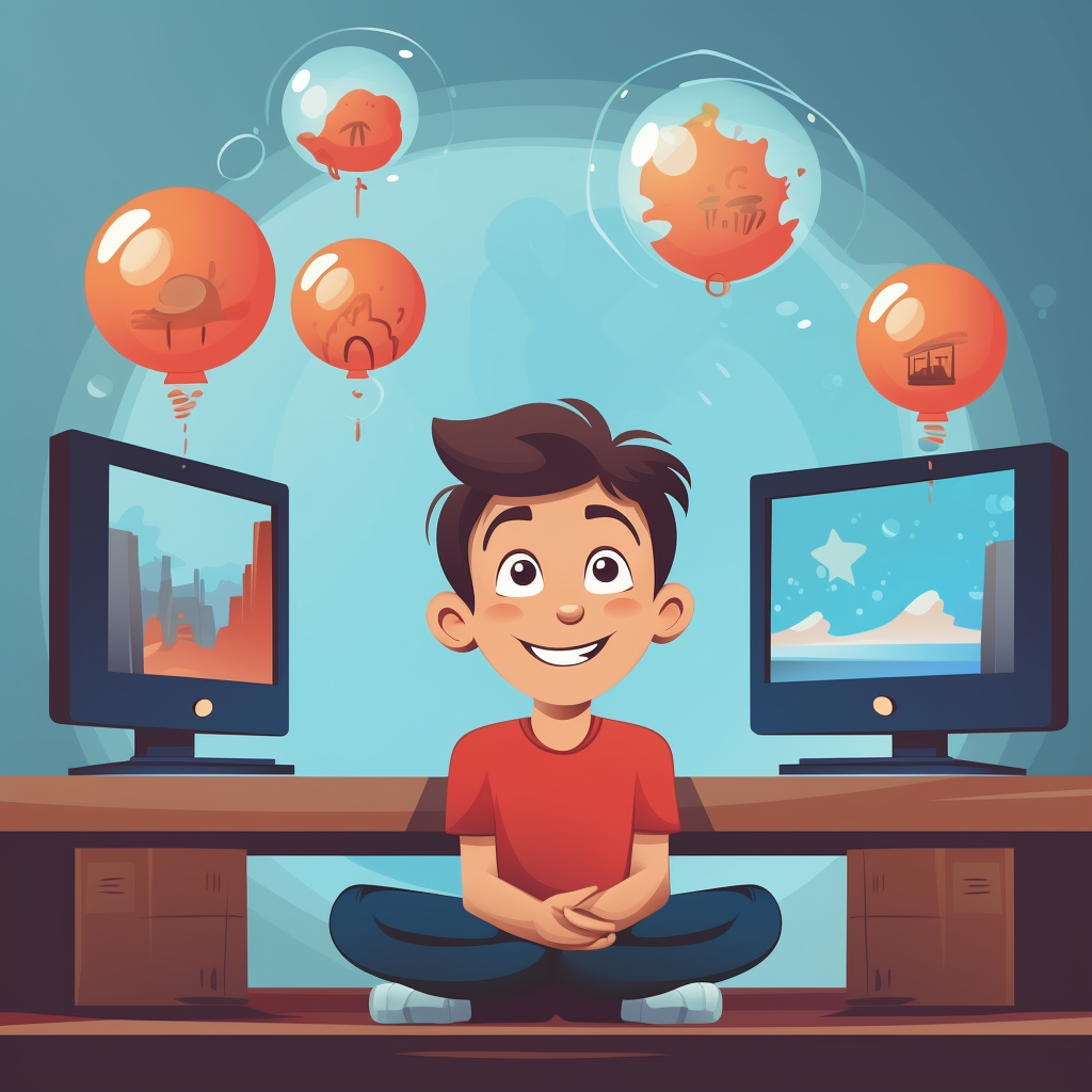 Cartoon boy watching juggling tutorials