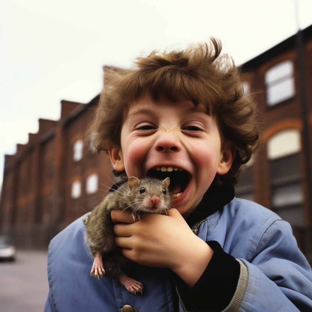 Adorable boy with mouse emerging from mouth