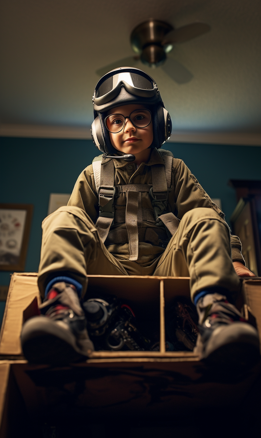 Young boy dressed as WW2 pilot in living room