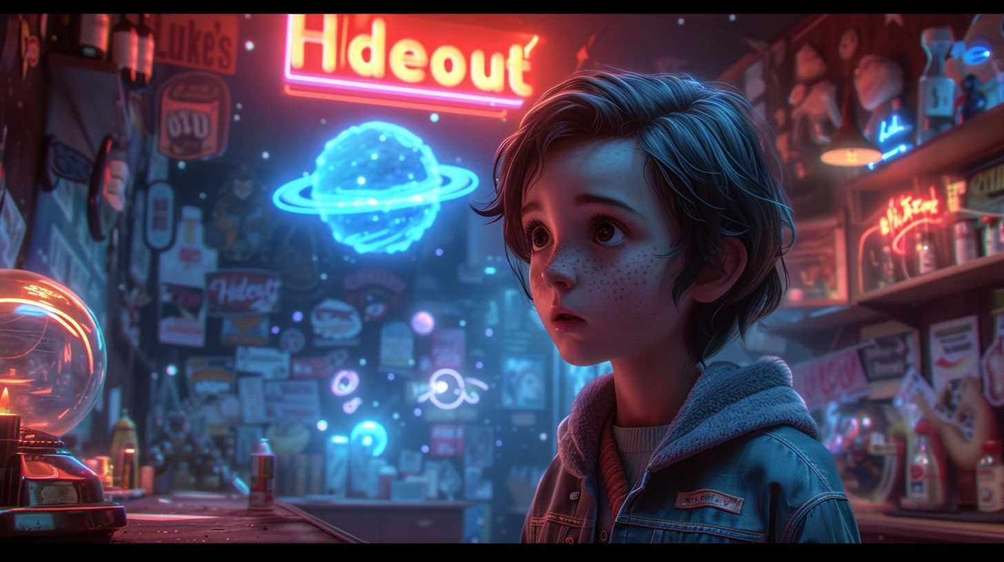 Young boy with YouTube channel, comic book style, space theme, neon sign