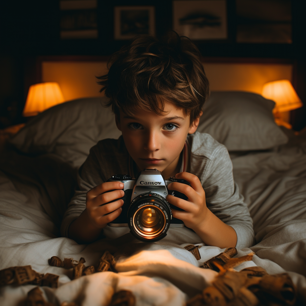 Boy on Bed with Camera Capturing Memories