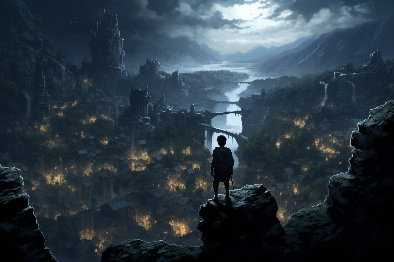 A boy exploring a dark cliffside village