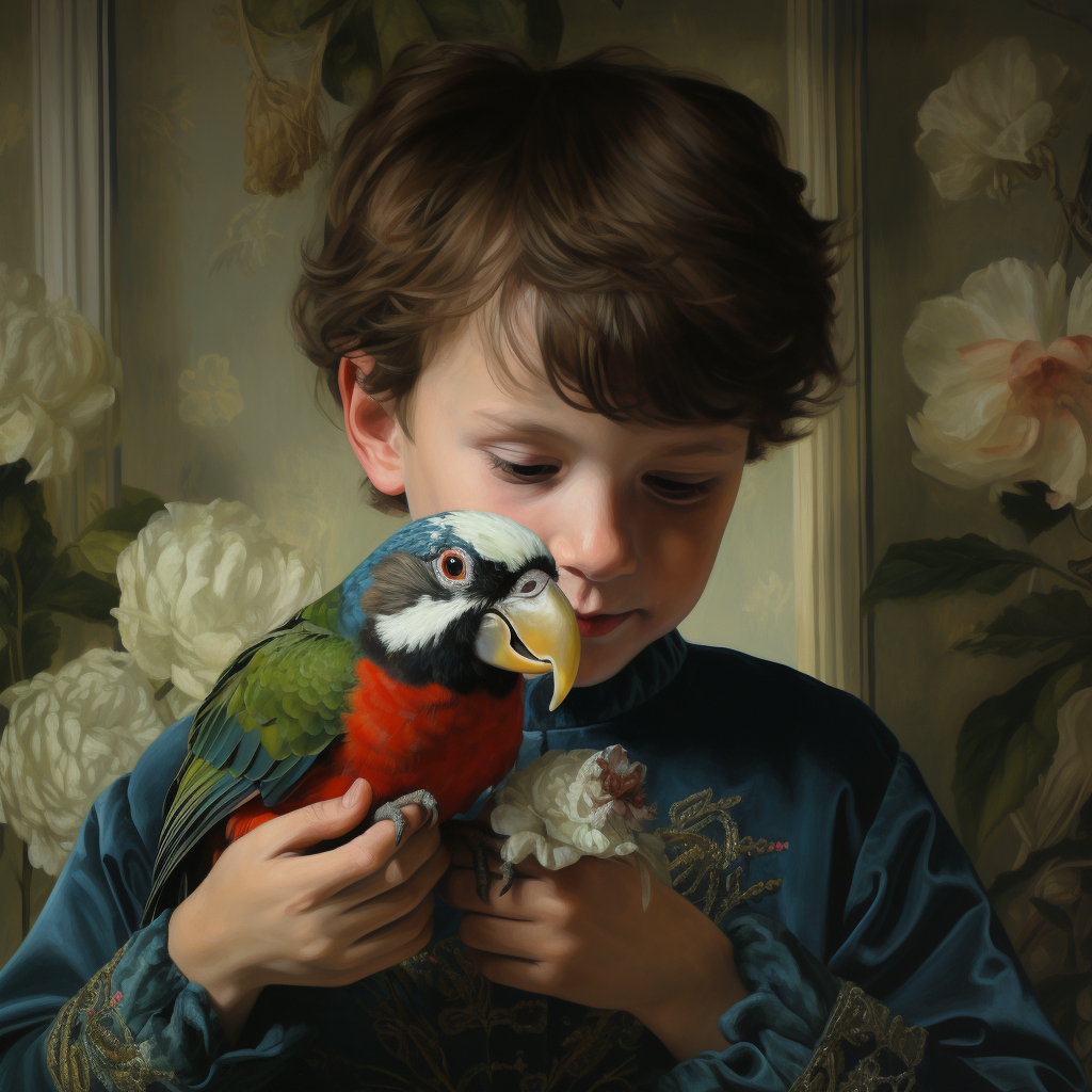 Boy feeding a colorful parrot