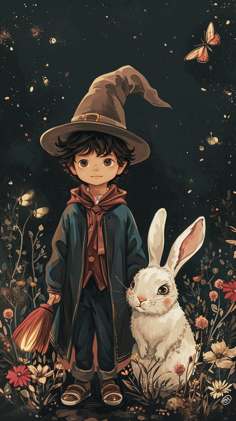 Boy magician with white rabbit