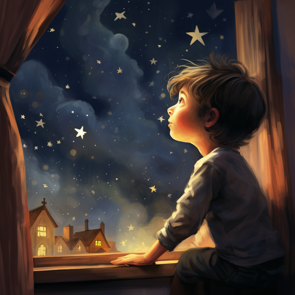 boy looking at stars from bedroom