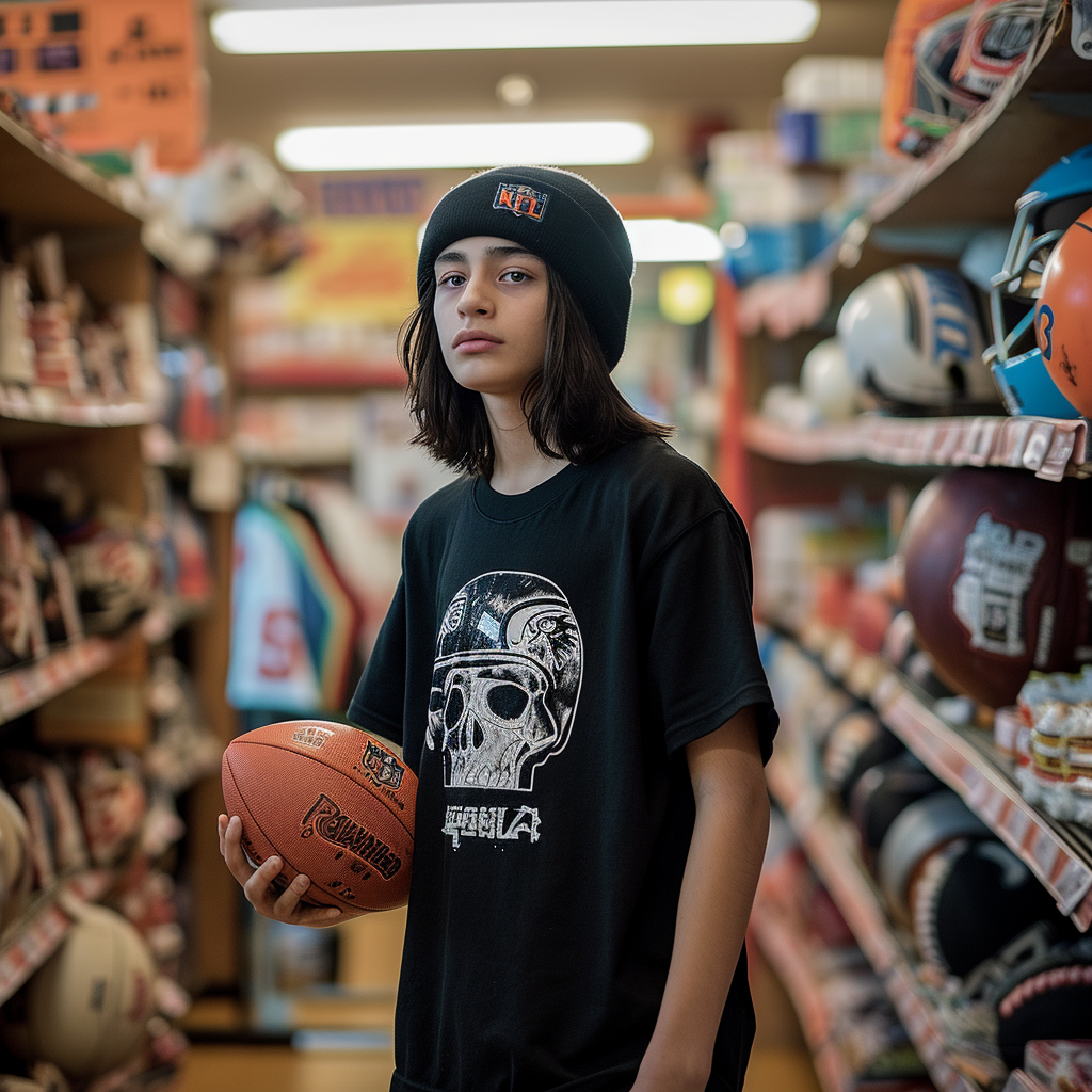 Teen boy stealing NFL ball from shelf