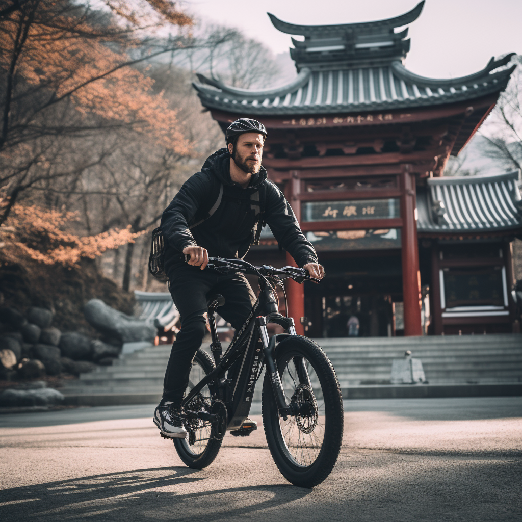 Boyca riding electric bike near Japanese temple