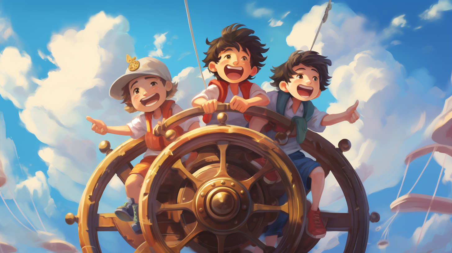 Three boys with big smiles holding a ship's wheel