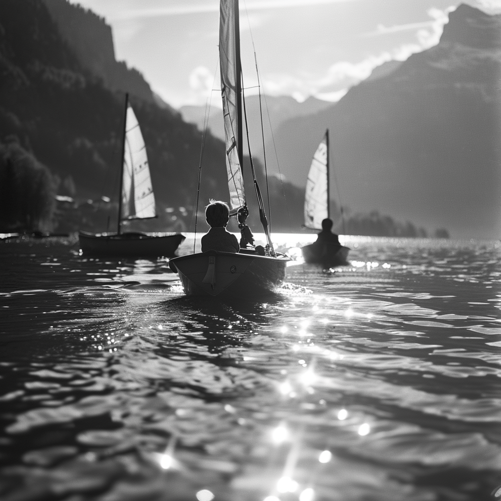 Boys sailing on sailboats in Grindelwald