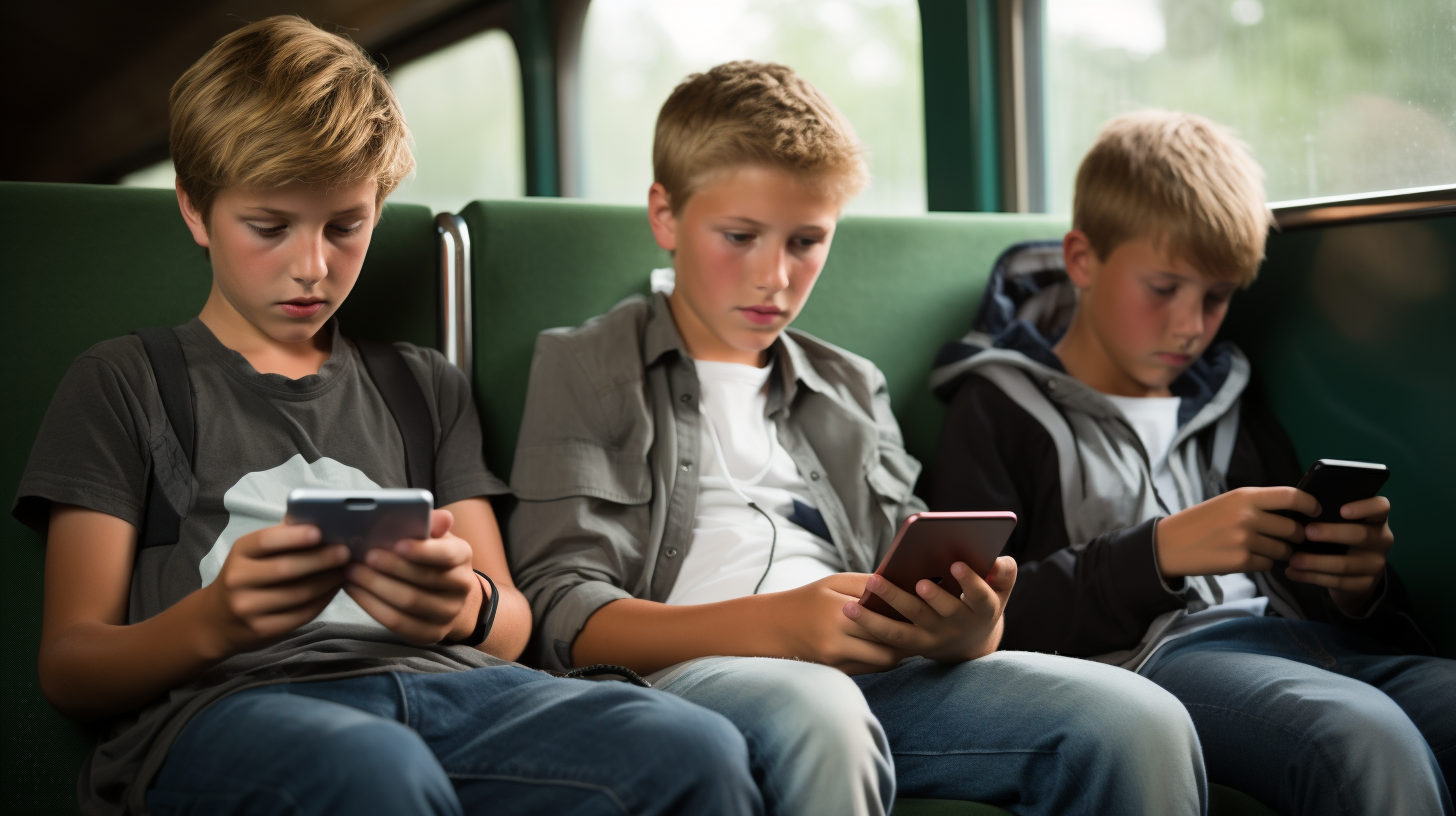 Young boys on train seat with cellphone