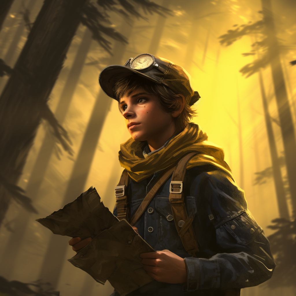 Young boyscout with compass in forest