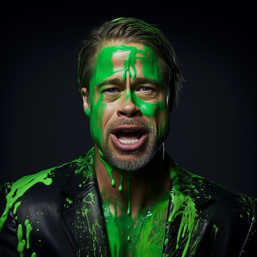 Brad Pitt without teeth in green paint