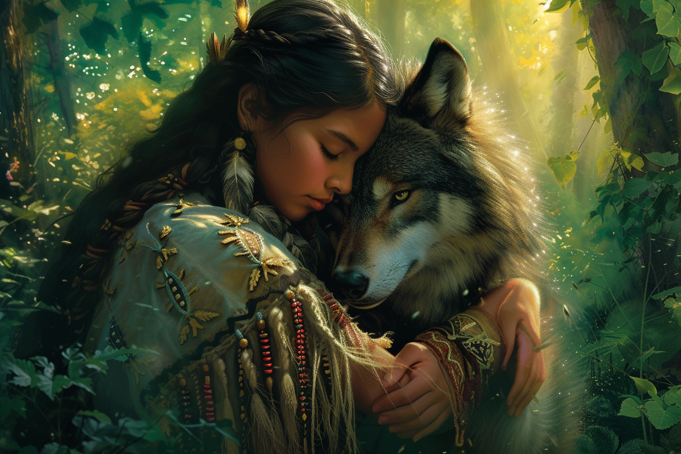 Native American Woman Hugging Dark Wolf in Mystical Forest