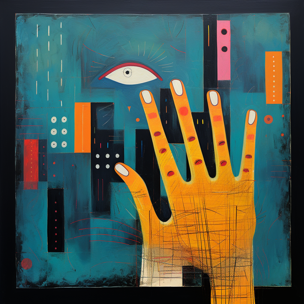 Hands reading braille and abstract shapes painting