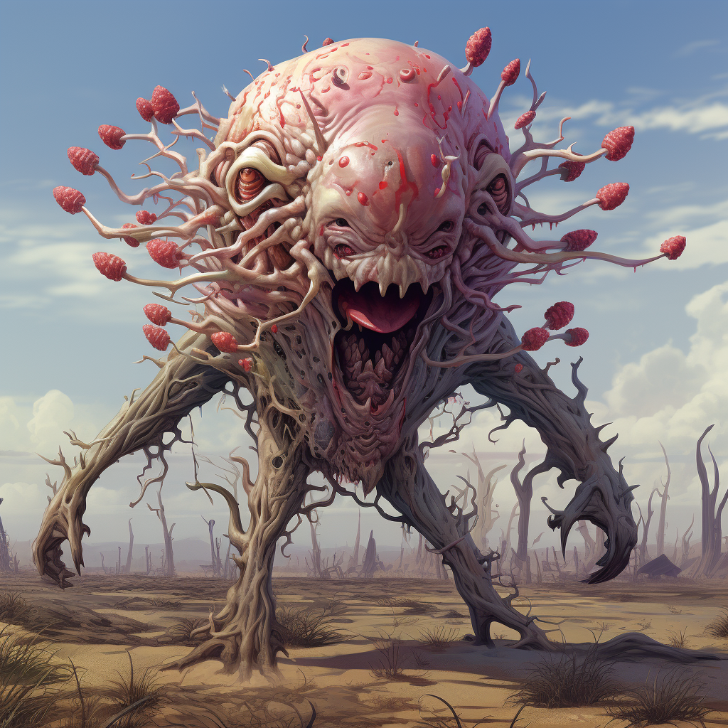 Massive brain monster navigating thorny terrain