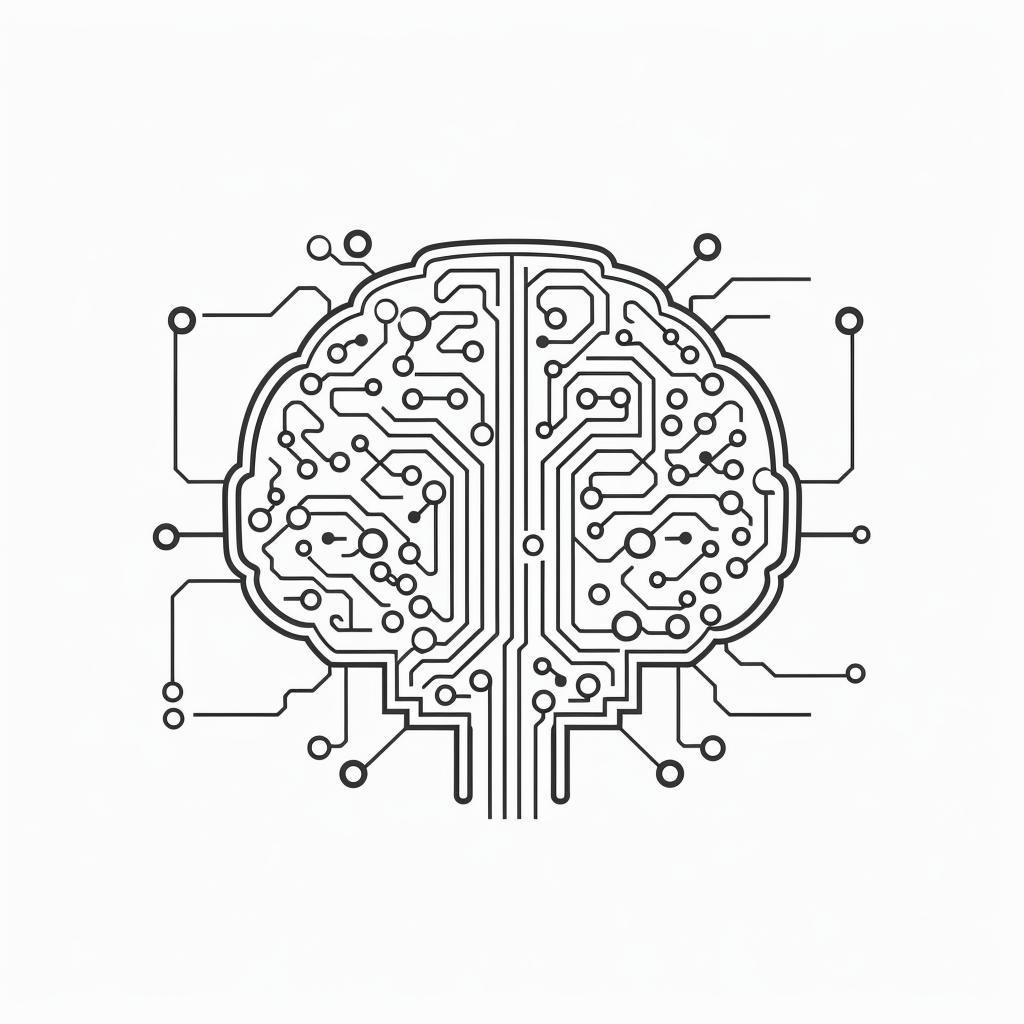 Black and white line illustration of AI brain outline with circuit board pattern