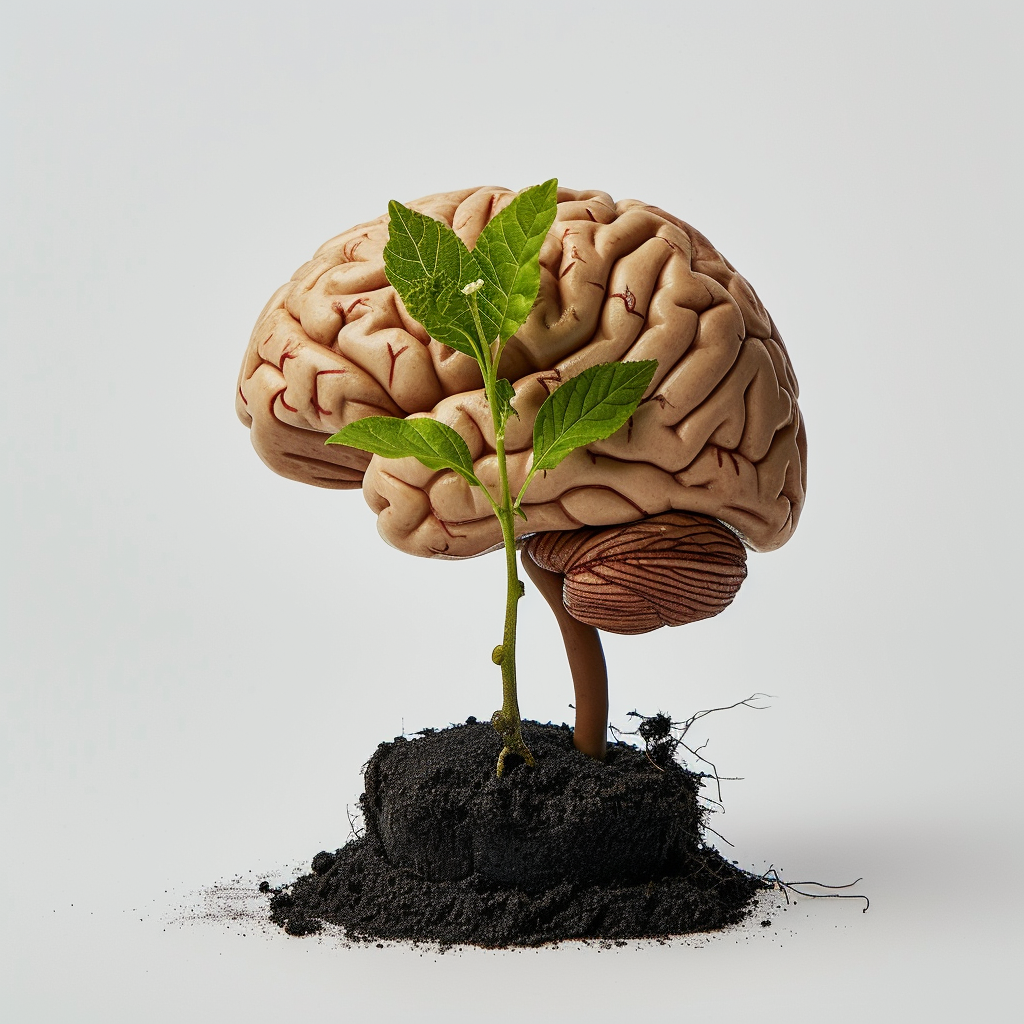 Brain Plant with Neurons Leaves and Flowers