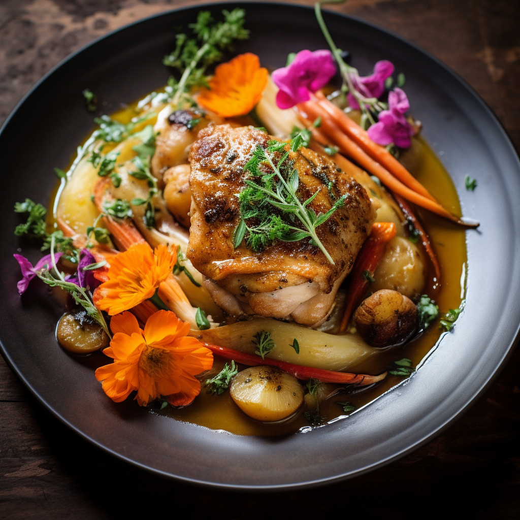 Succulent braised chicken with colorful root vegetables