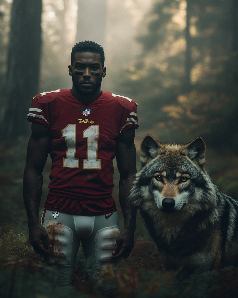 Brandon Aiyuk with wolf in California woods