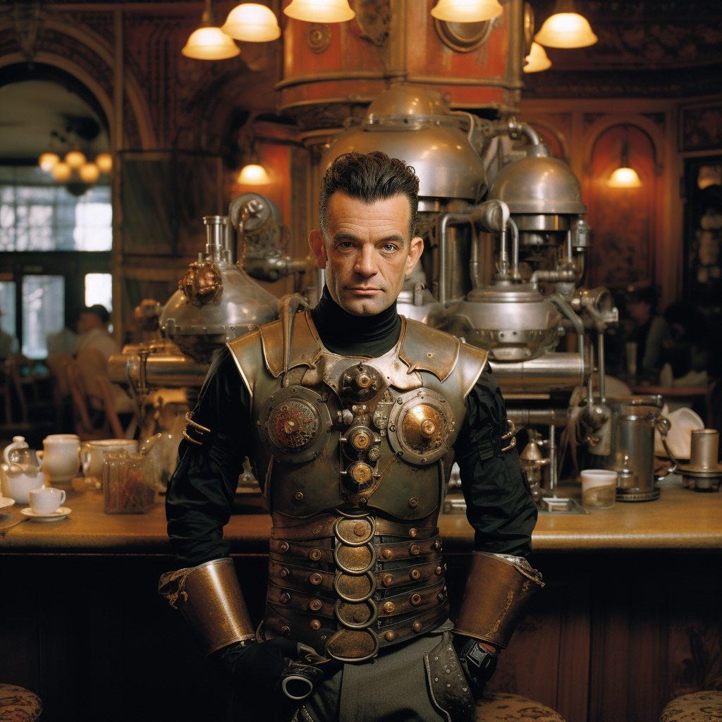 Waiter serving patrons in steampunk brasserie