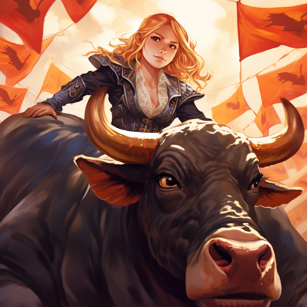 Brave blond girl bull fight