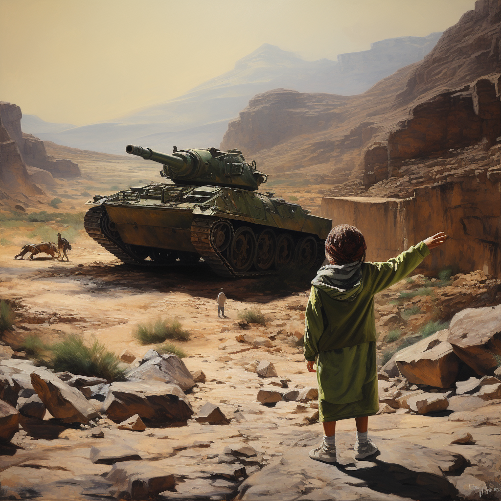 Courageous Arab Child facing Green Tank