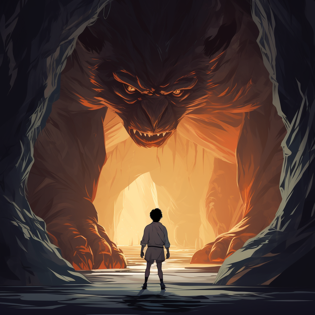 Cartoon-style Brave Man Facing Beast