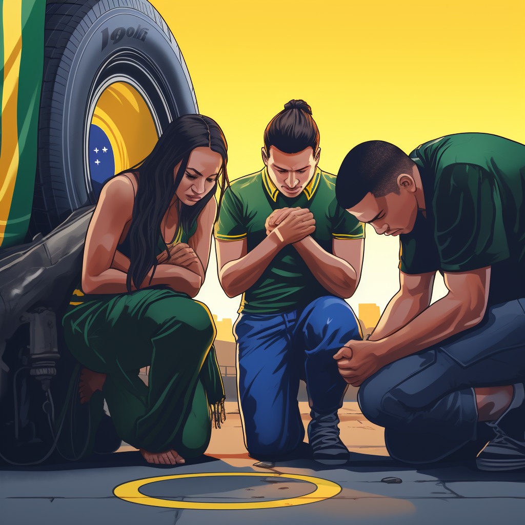 Four people praying around Brazilian flag