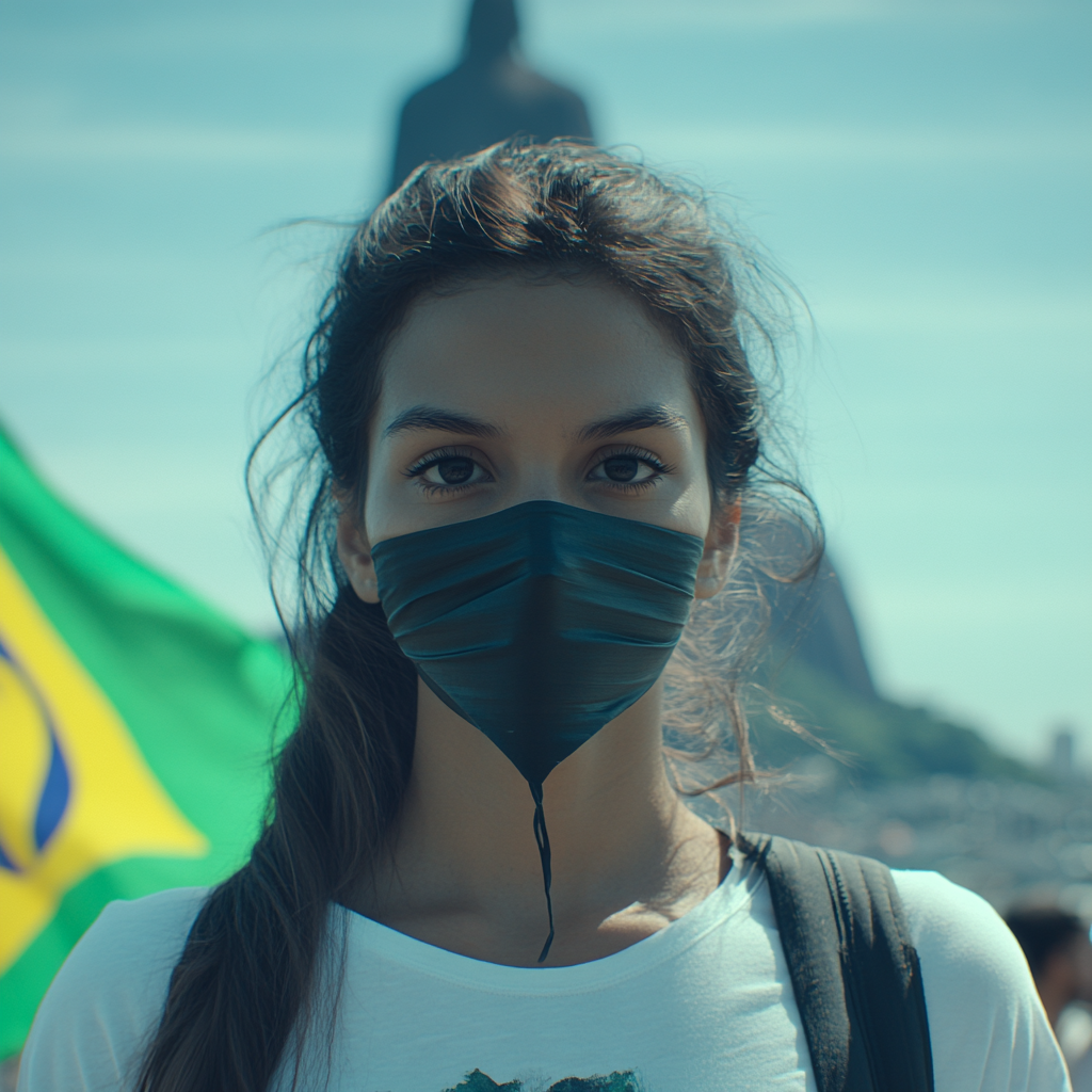 Brazilian girl holding flag with tape