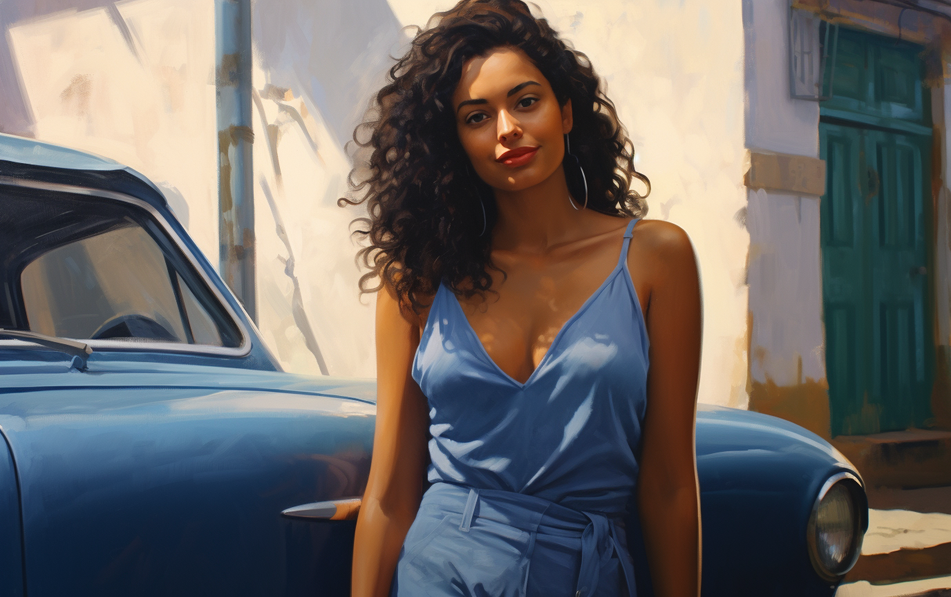 Realistic image of a friendly Brazilian woman with her blue car on a quiet street