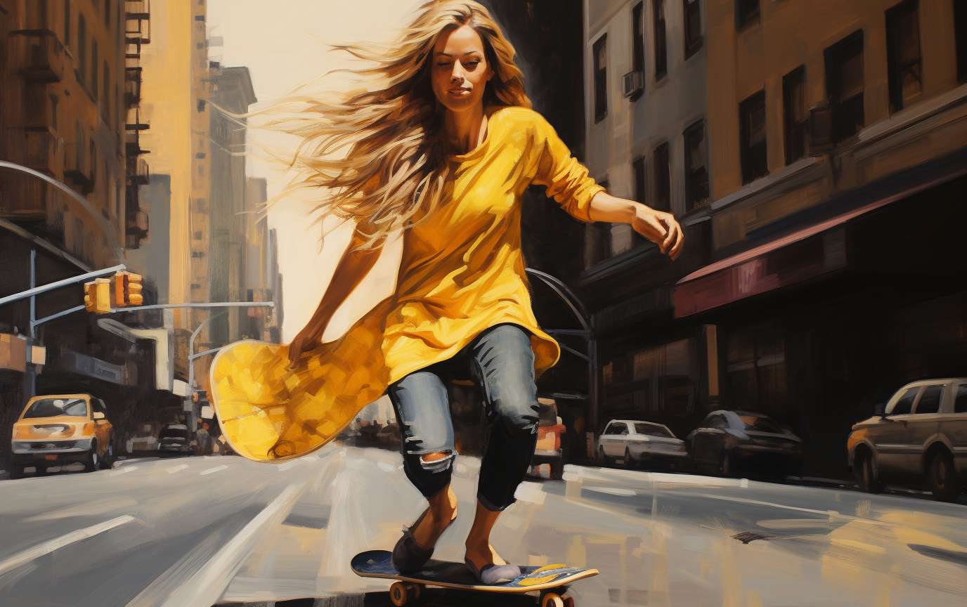 Brazilian woman with long hair surfskating in black and yellow