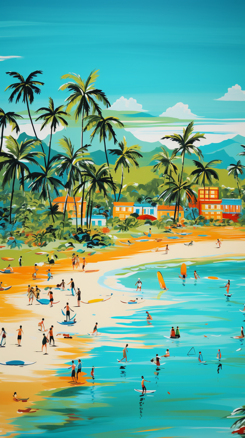 Whimsical Brazilian beach scene with vibrant colors