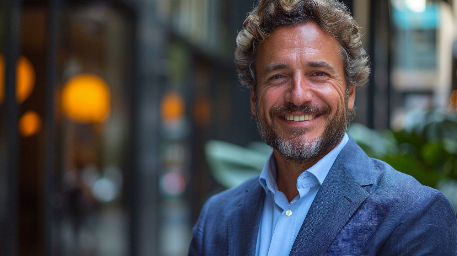 Brazilian businessman using cellphone smiling