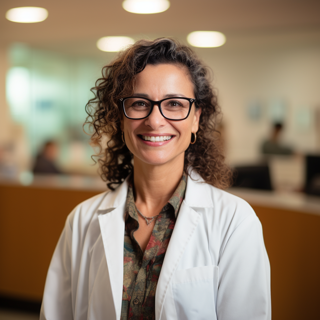 Smiling Brazilian Female Doctor in Lab Coat