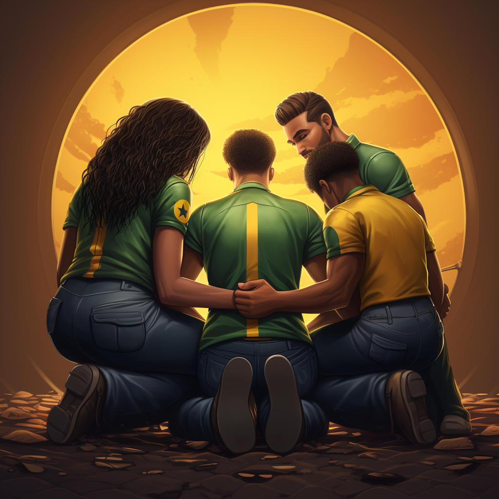 Four people praying around Brazilian flag-colored truck tire