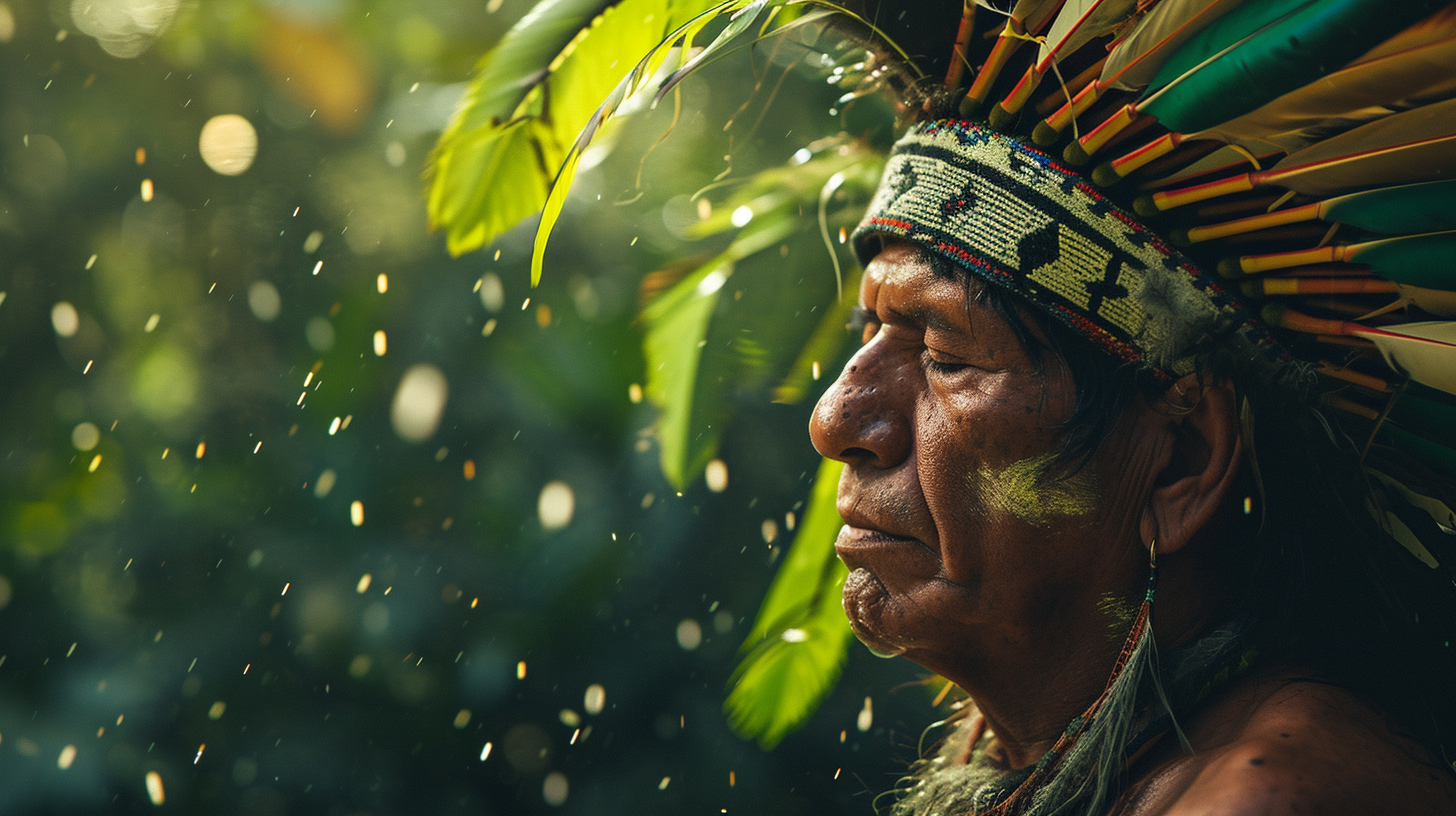 Brazilian Native Indian Praying in Forest