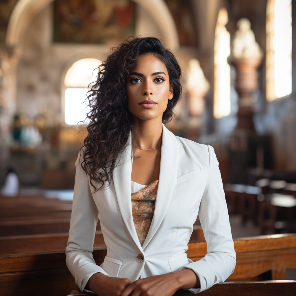 Brazilian woman speaking at podium in old church