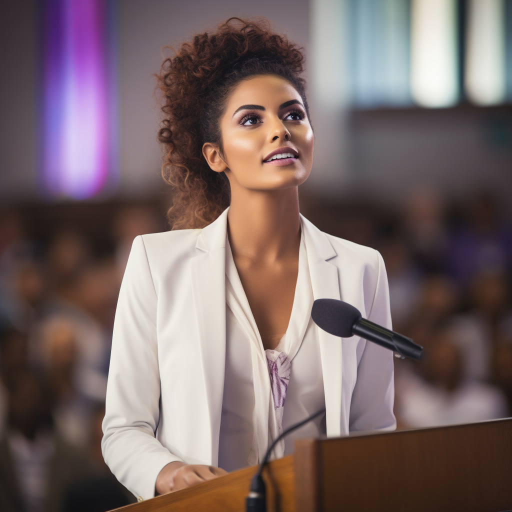 Brazilian woman in white blazer suit with violet eyes