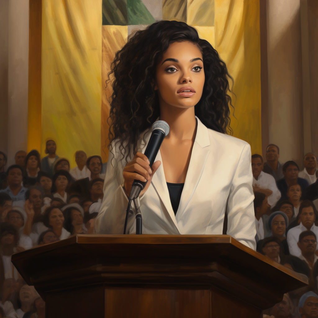 Brazilian woman in white blazer suit speaking at church podium