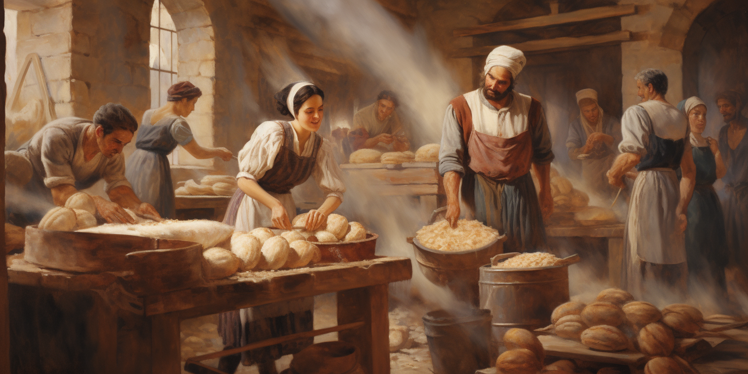 Workers making bread in bakery