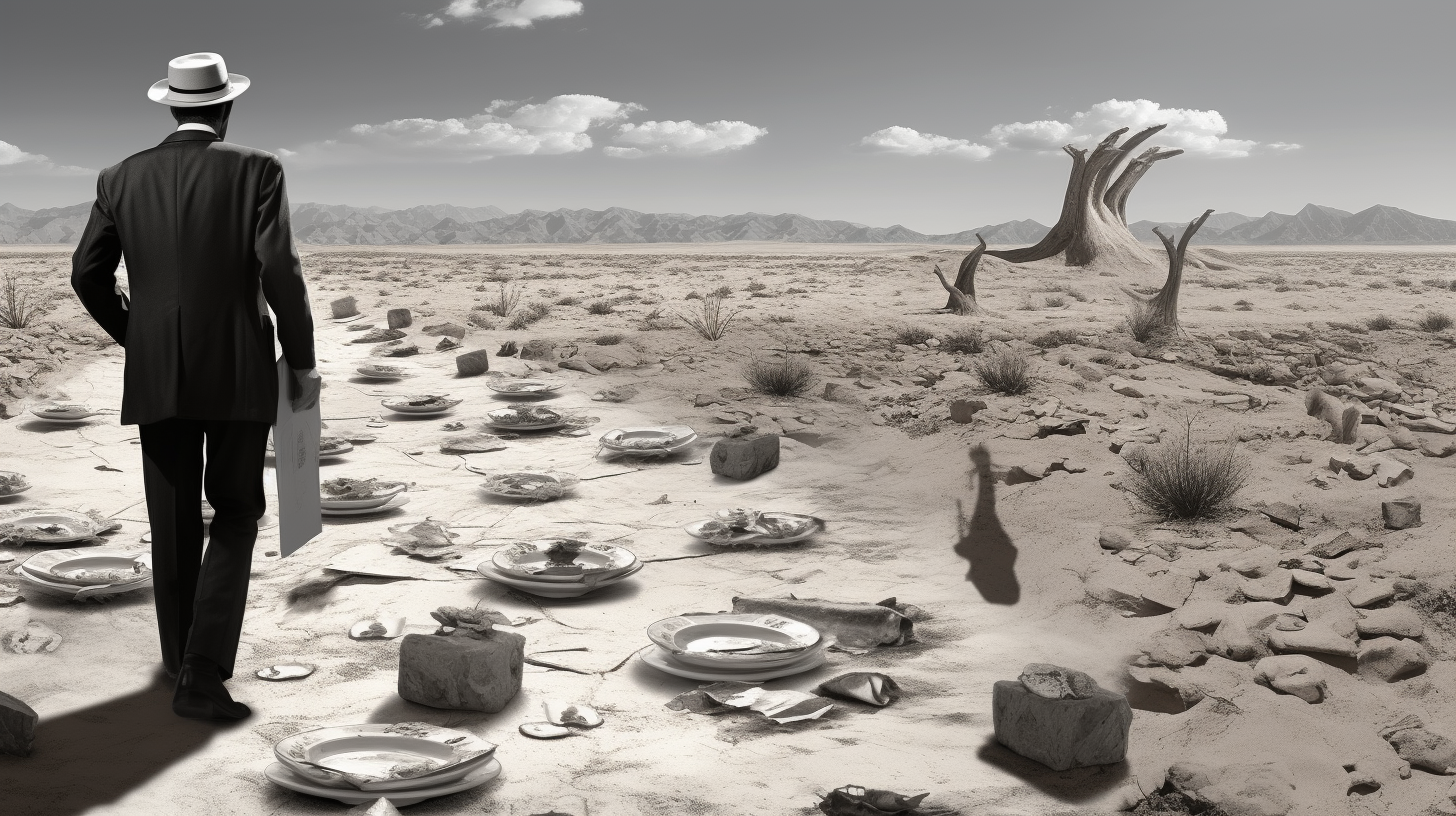 Man following bread trail in the desert