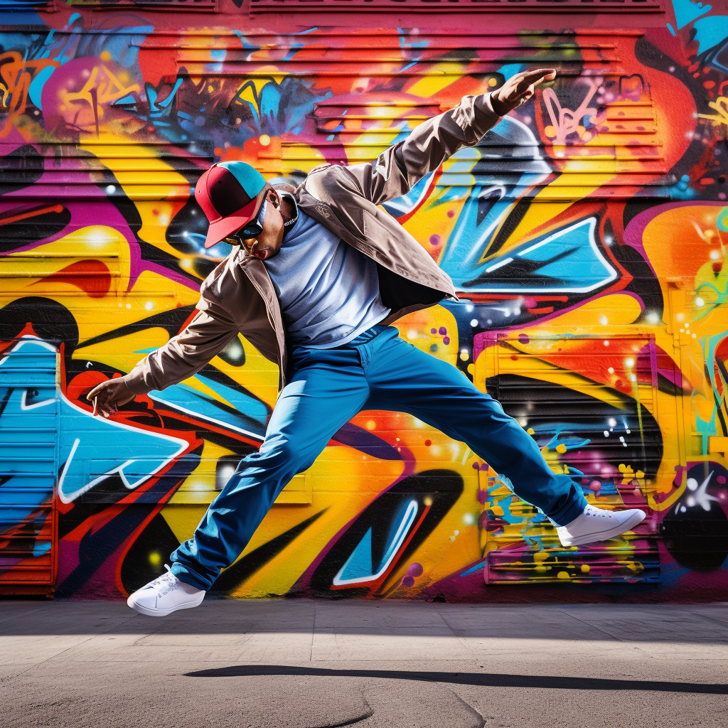 Breakdancing Bboy in front of graffiti mural