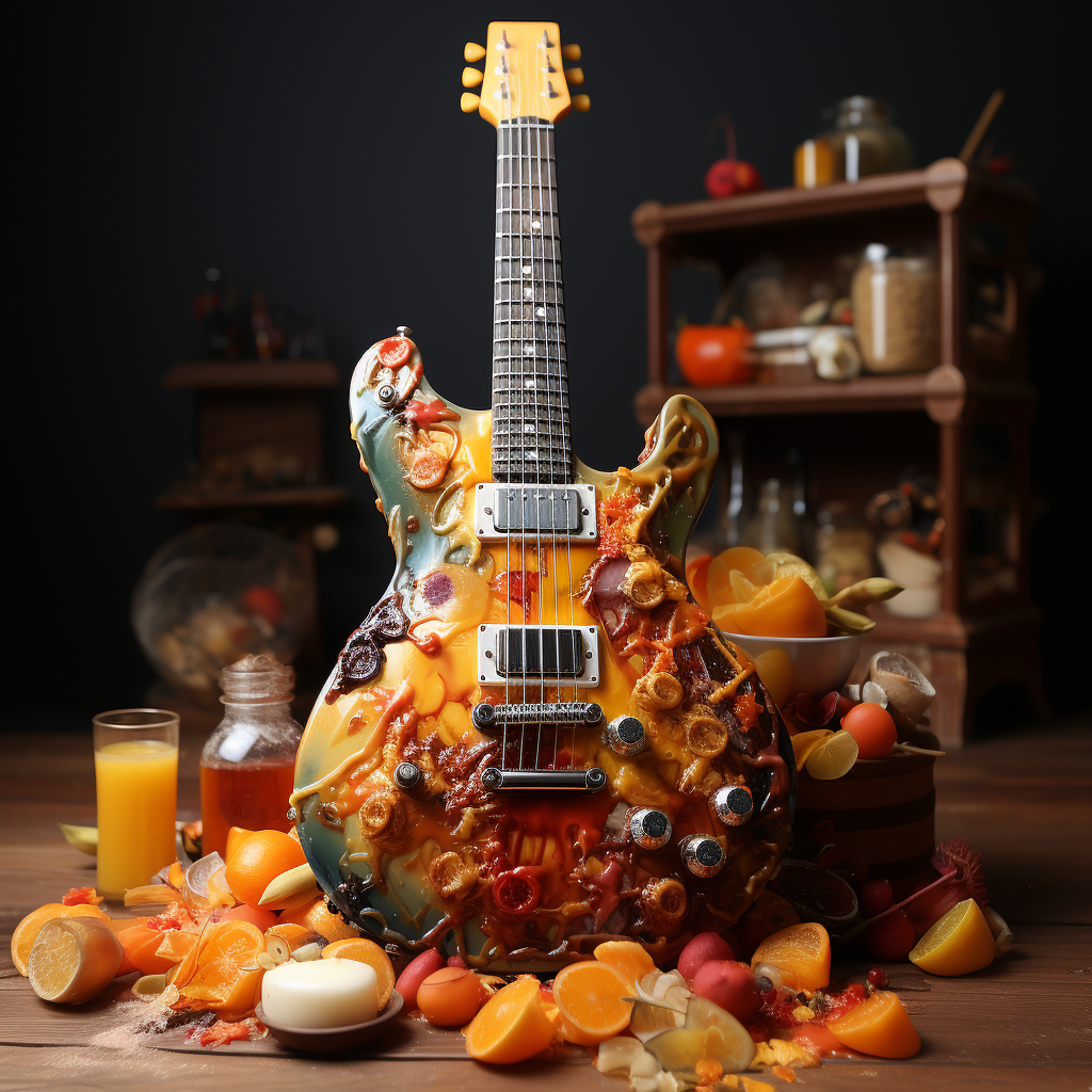 Unique guitar made of breakfast foods