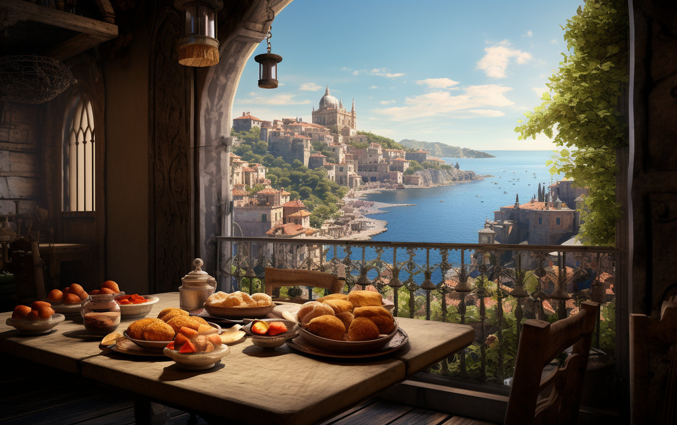 Scenic breakfast view over medieval port city