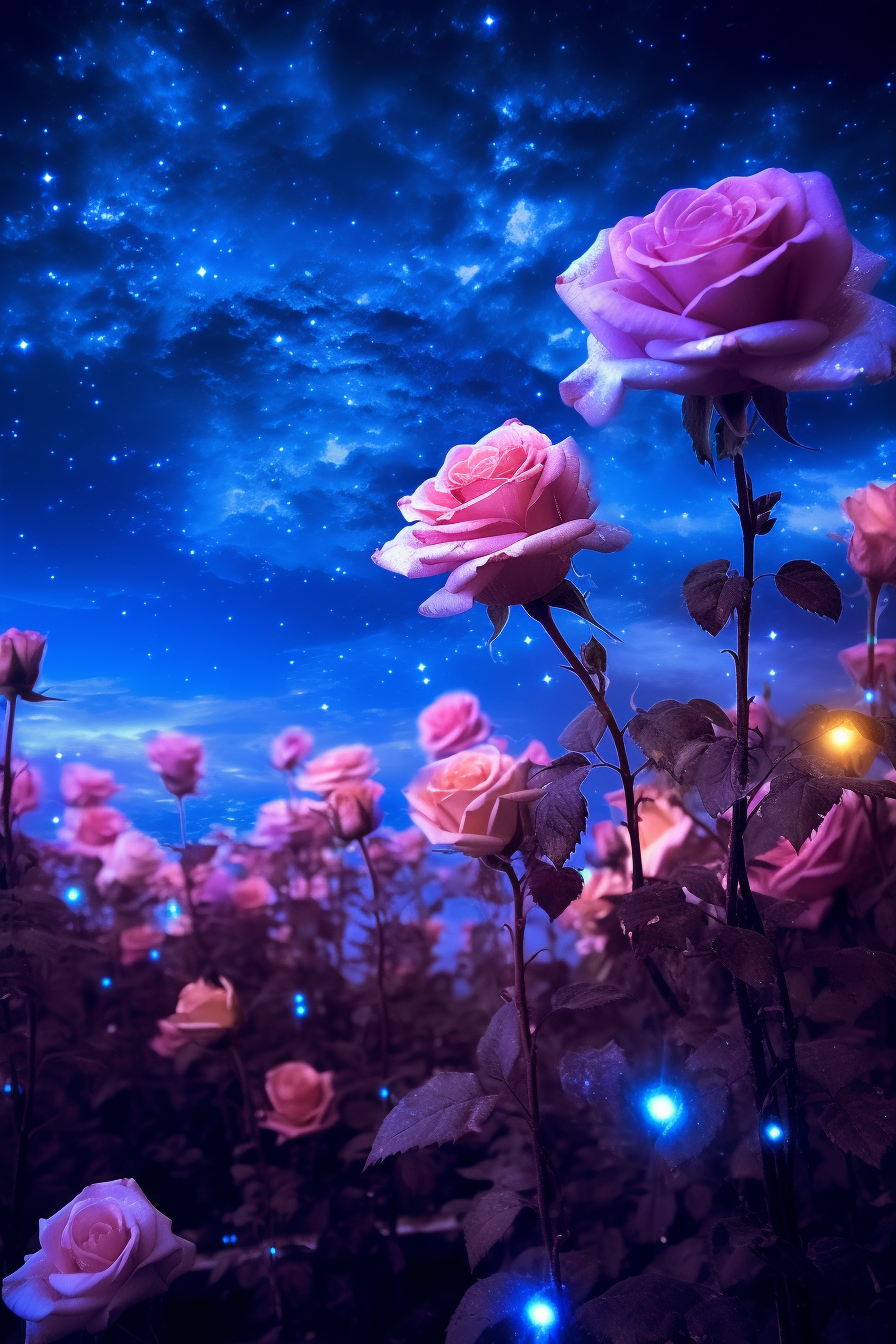 Spectacular blue roses under the night sky