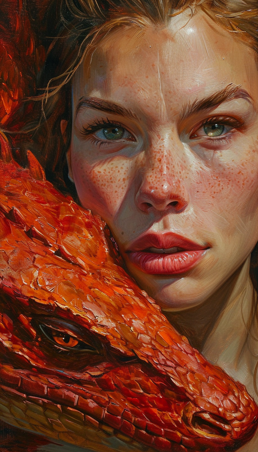 Close-up portrait of expressive woman and red dragon