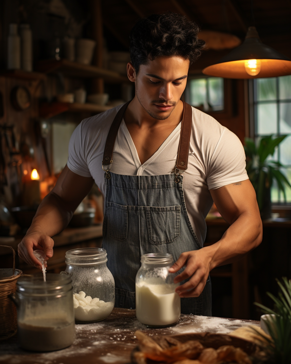 Young man brewing milk in kitchen