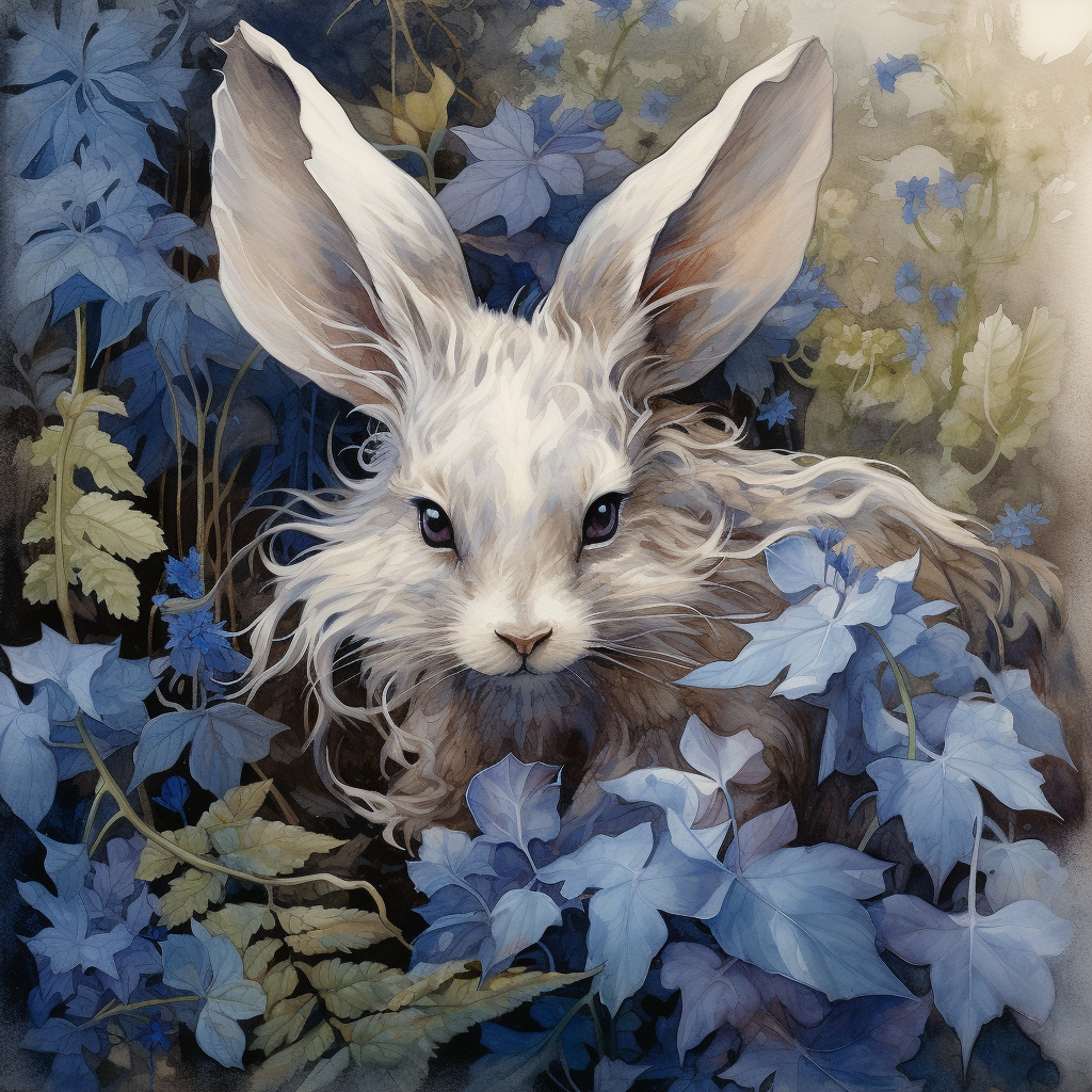 Fantasy illustration of a friendly rabbit in a garden