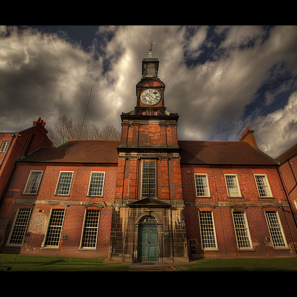 Brick building clock tower photo