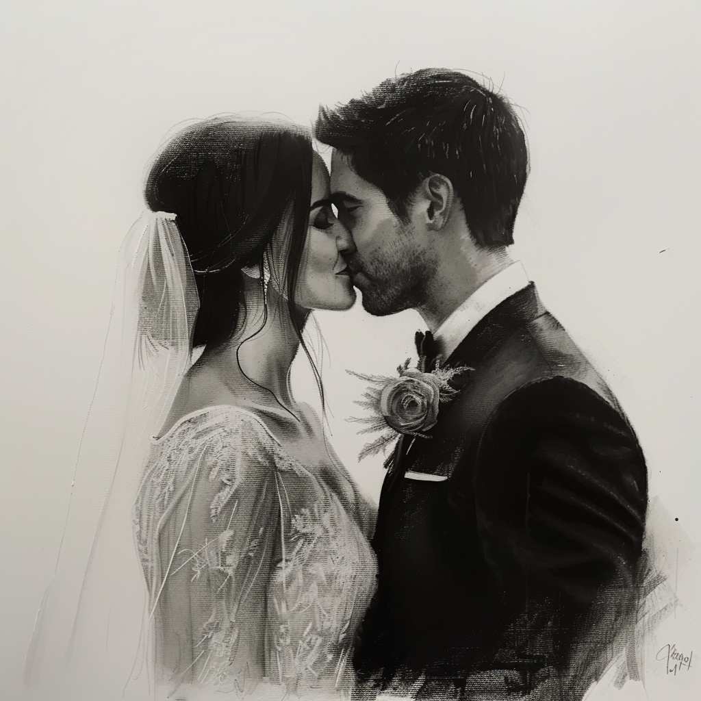 Bride Groom Wedding Kiss Drawing